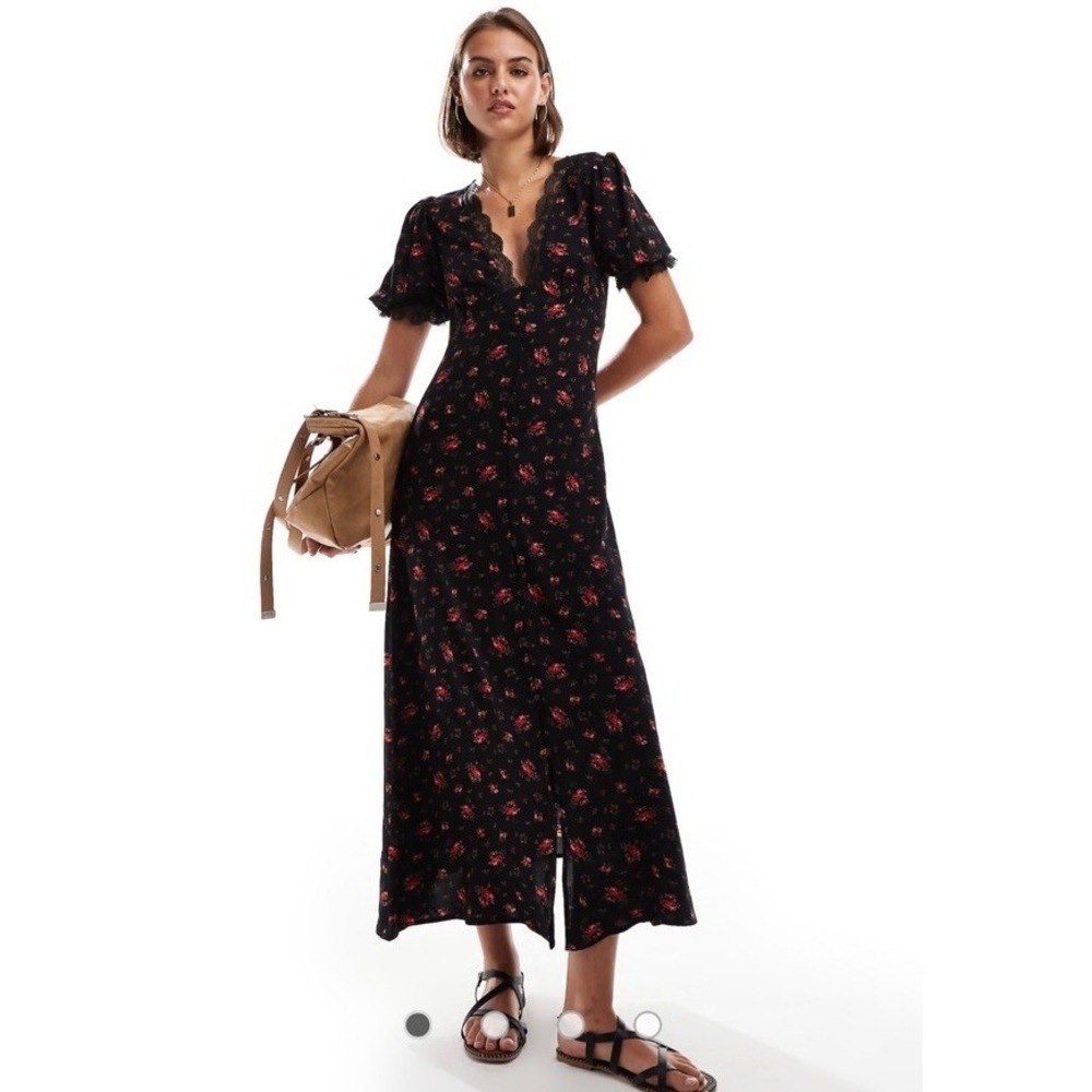 Miss‎ Selfridge Lace Trim Button Through Maxi Dress Size 2 in Black Rose Print